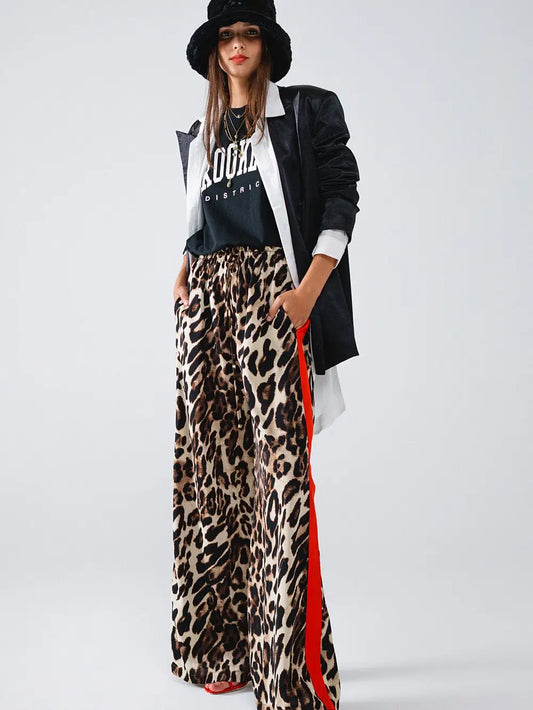 Leopard Straight Pants with Stripes