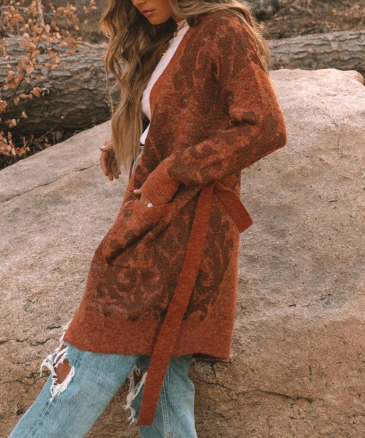 Lovestitch Belted Cardigan w/ Metallic Jacquard