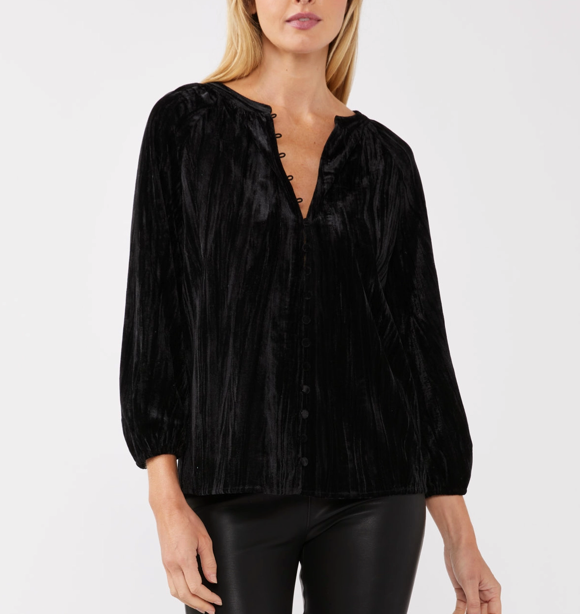Lovestitch Velvet Button Front V-Neck Blouse