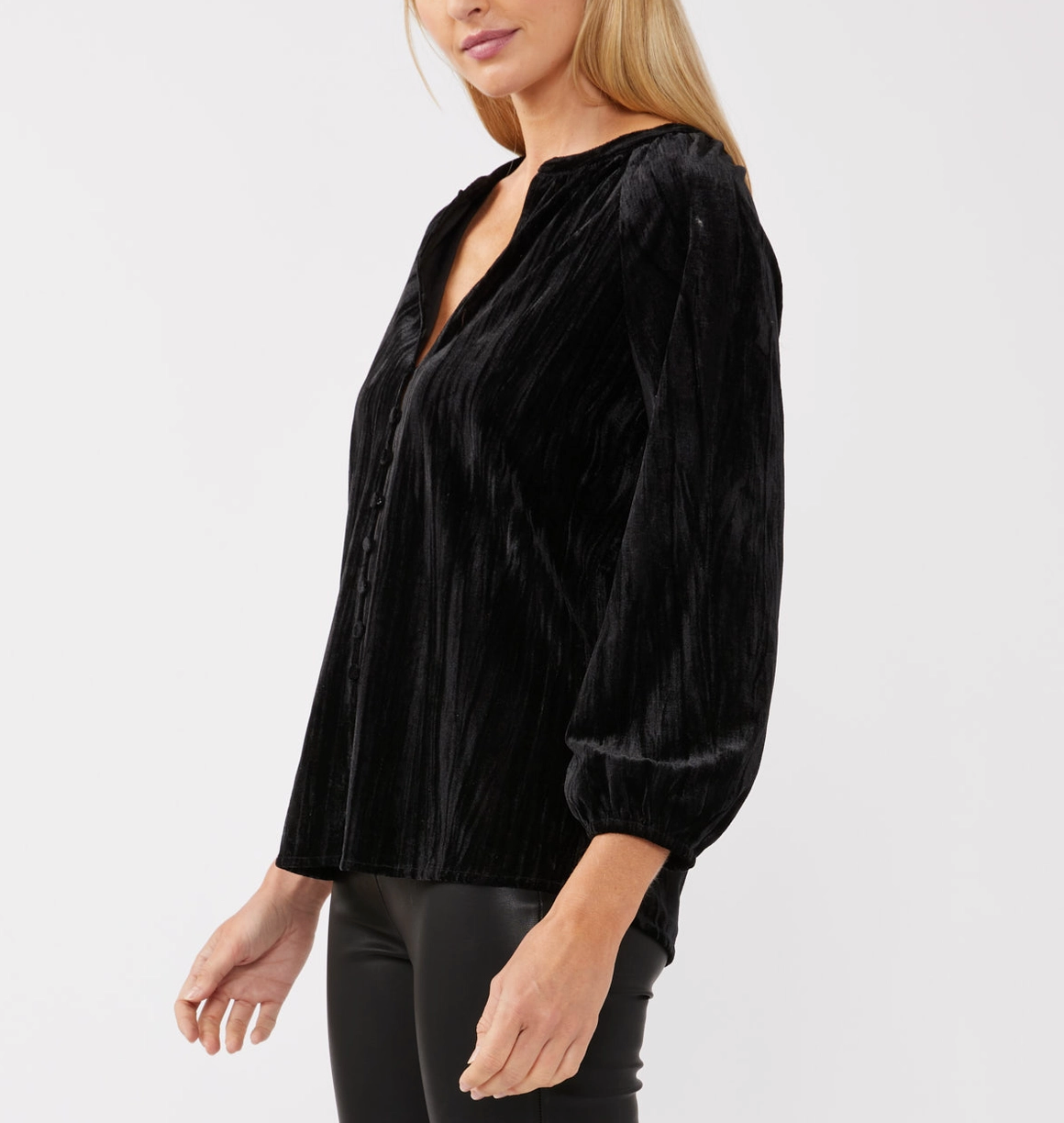 Lovestitch Velvet Button Front V-Neck Blouse