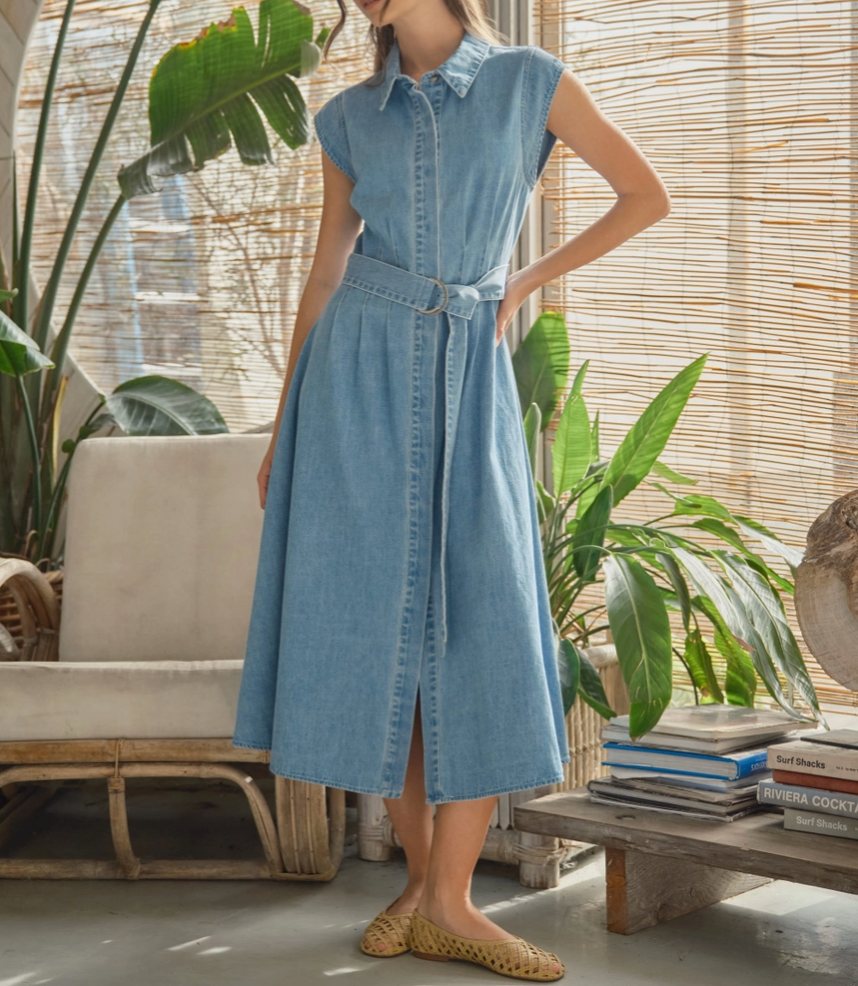 Cap Sleeve Belted Denim Dress