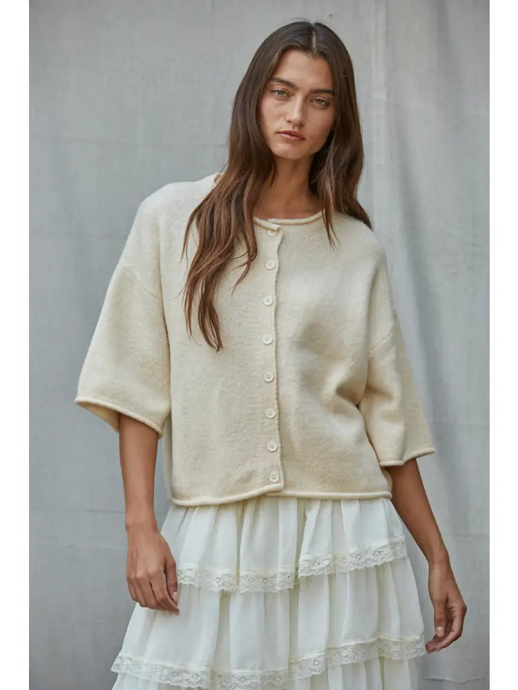 Quarter Sleeve Button Up Knit Sweater