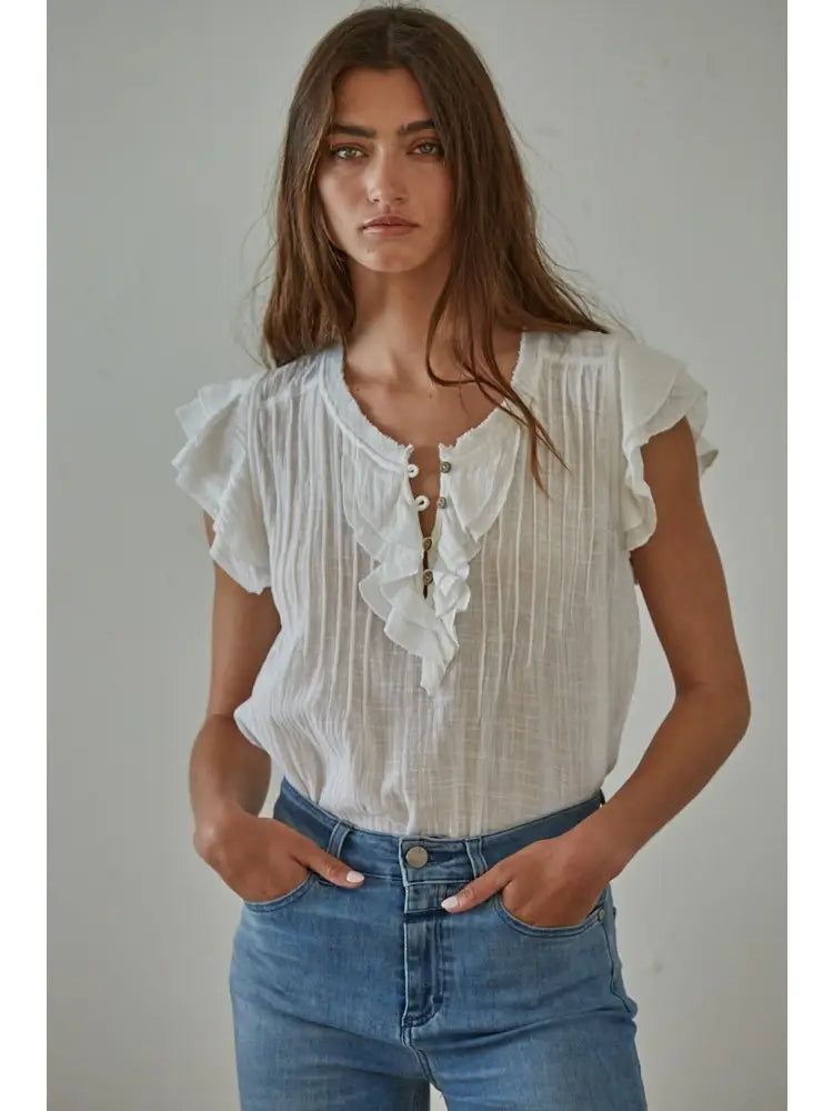 By Together Linen Cotton Button Vneck Top