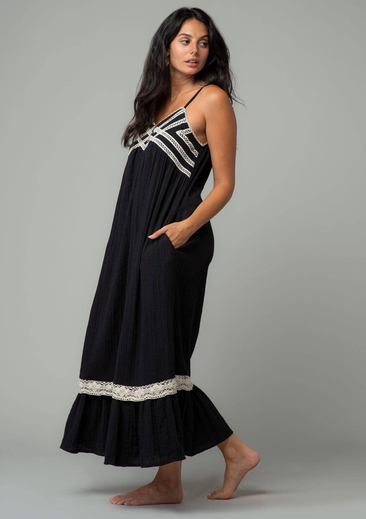 Cotton Sleeveless Crochet Trim Maxi Dress