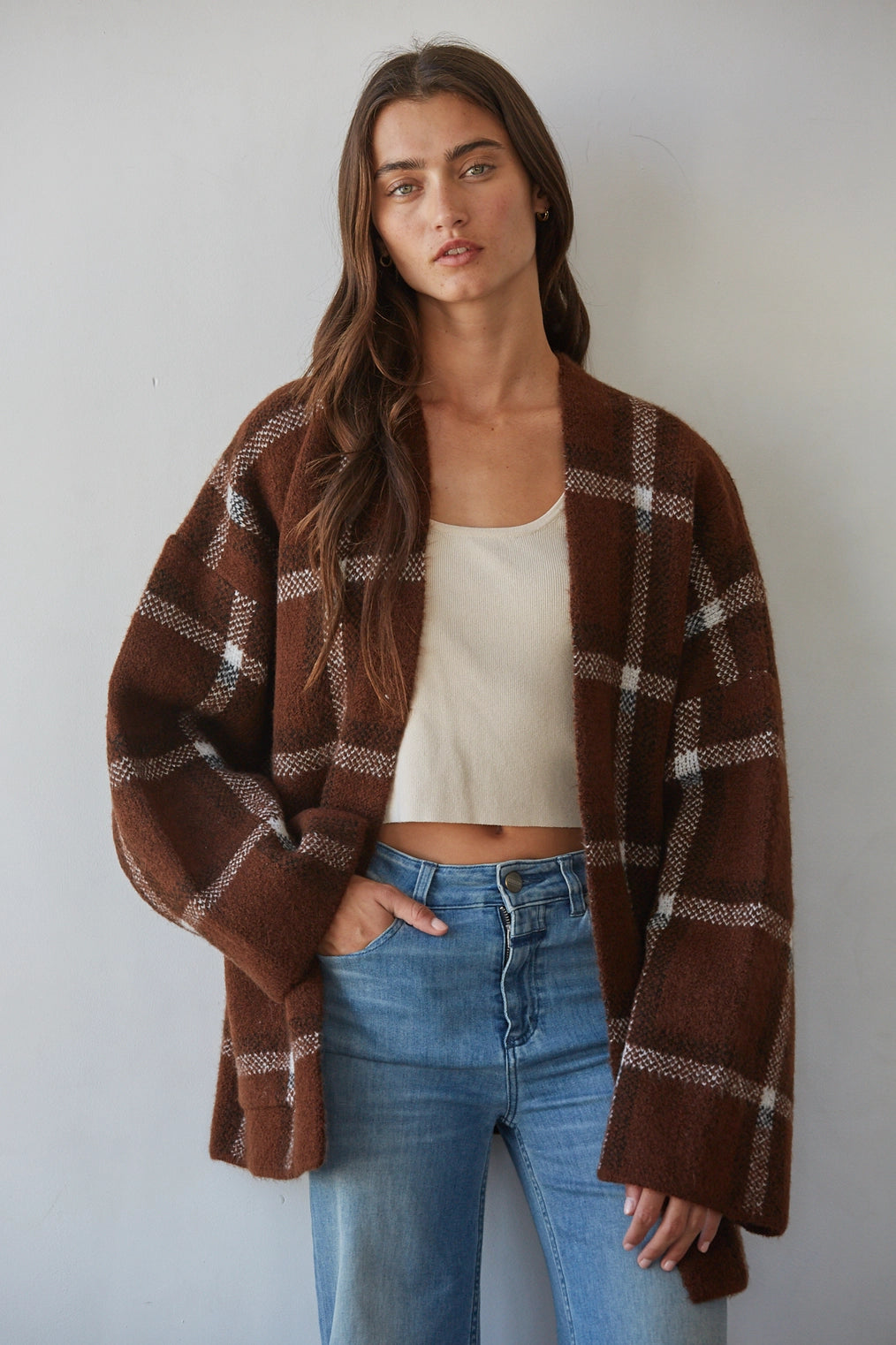 by Together Plaid Open Cardigan
