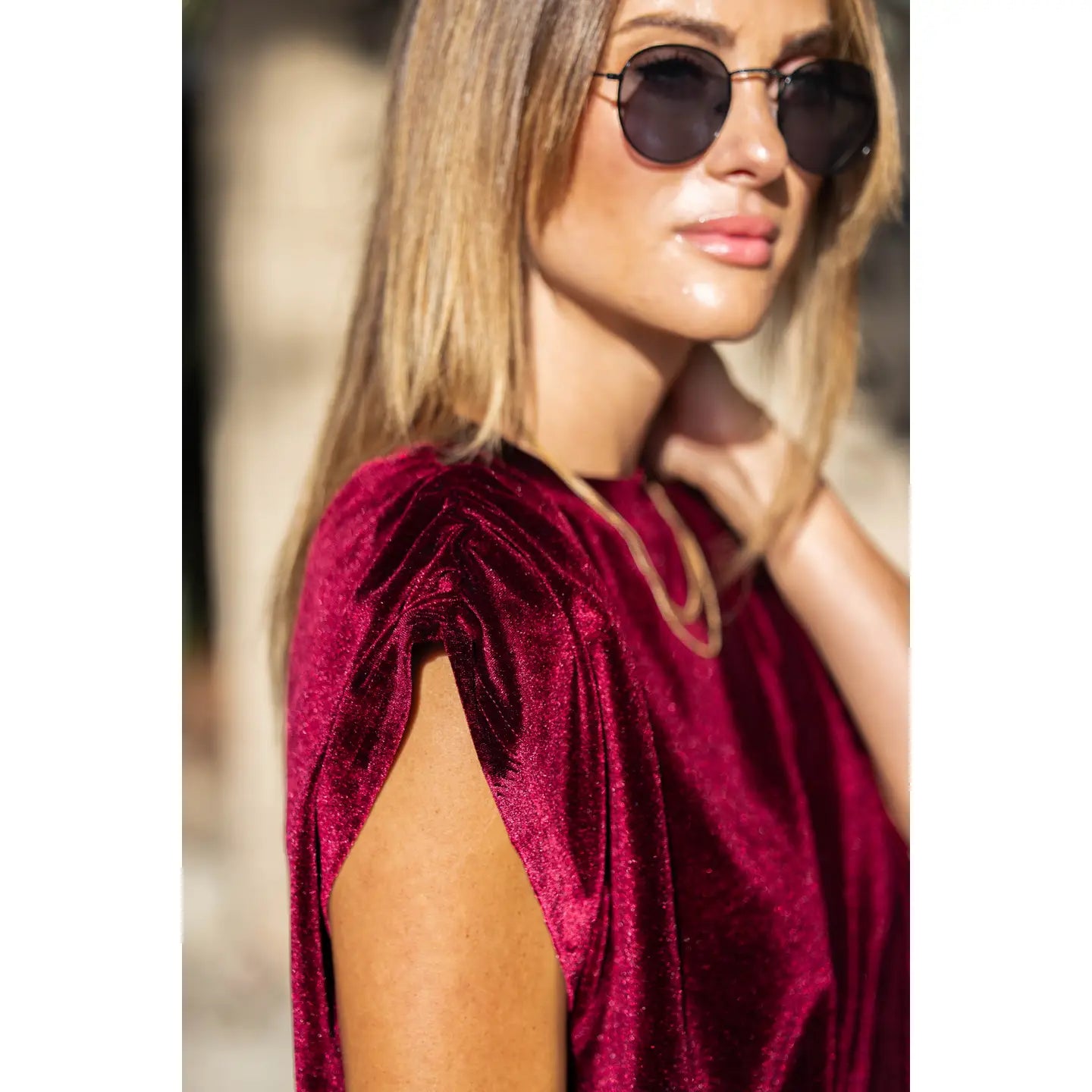 Amaryllis Apparel Velvet Ruched Shoulder Tee