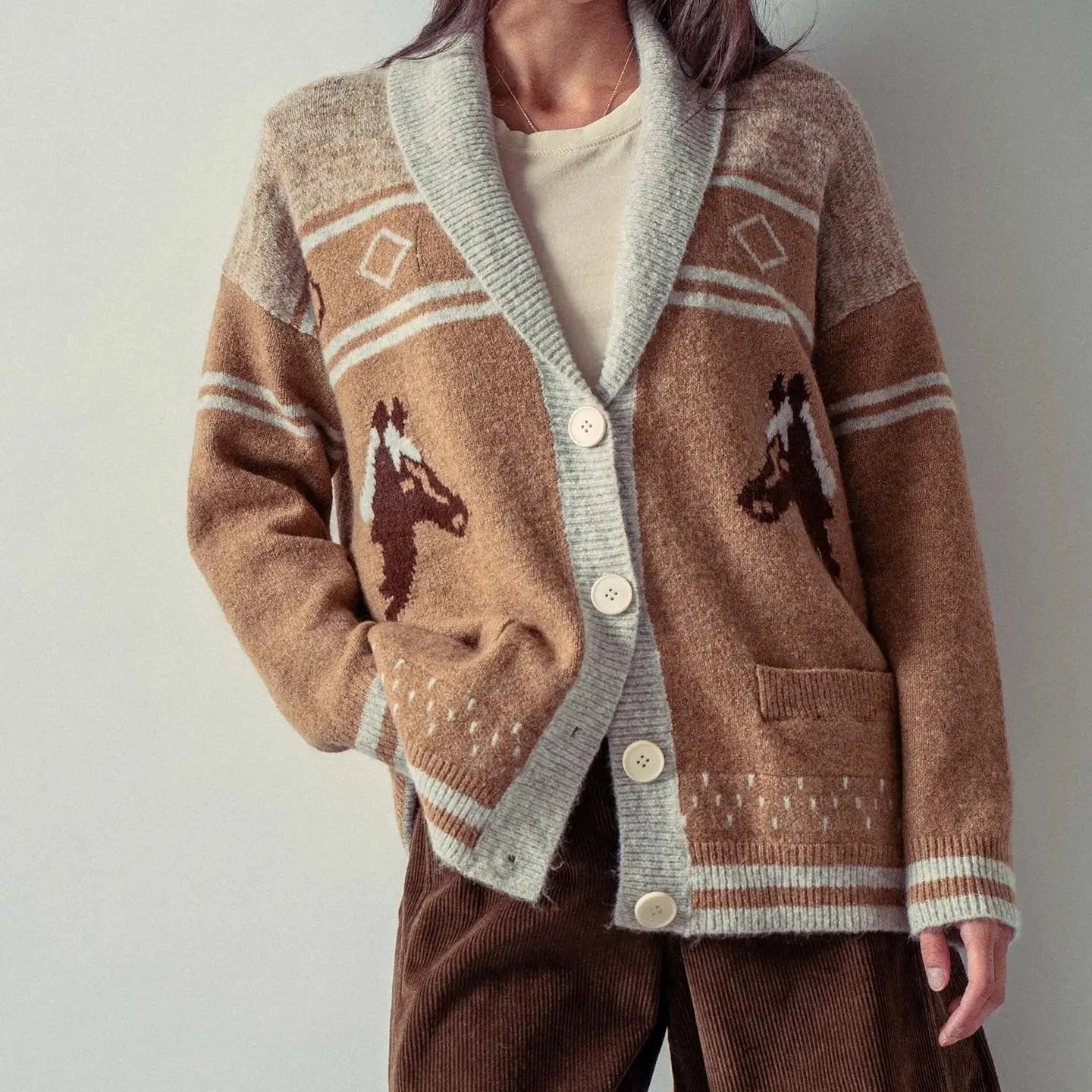 Retro Knit Shawl Horse Cardigan