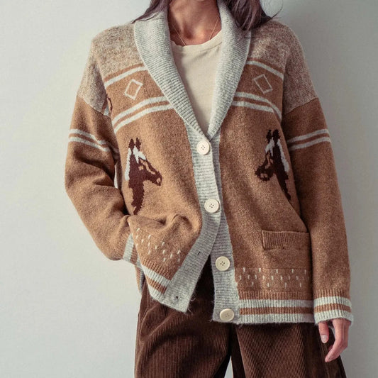 Retro Knit Shawl Horse Cardigan