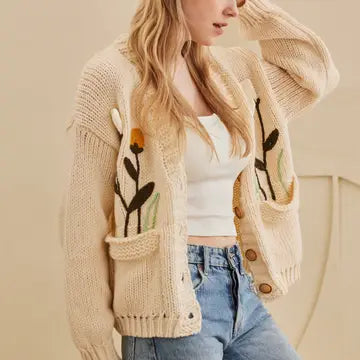 Mello. Embroidered Flower Cardigan