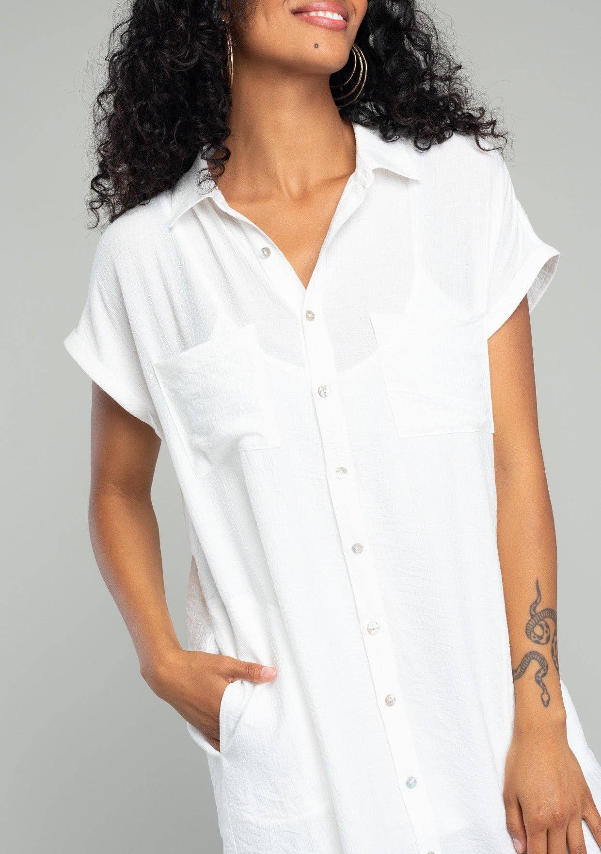 Short Dolman Sleeve Button Down Mini Shirt Dress