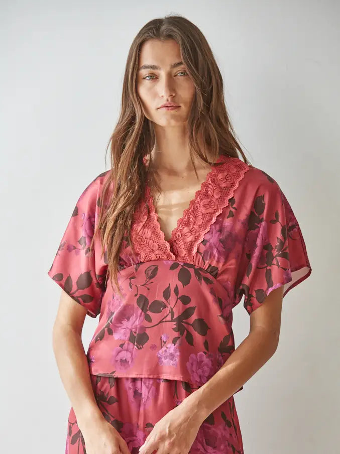by Together Floral Blouse with Lace Neckline