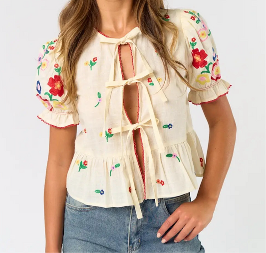 Lalavon Floral Embroidered Tie Top