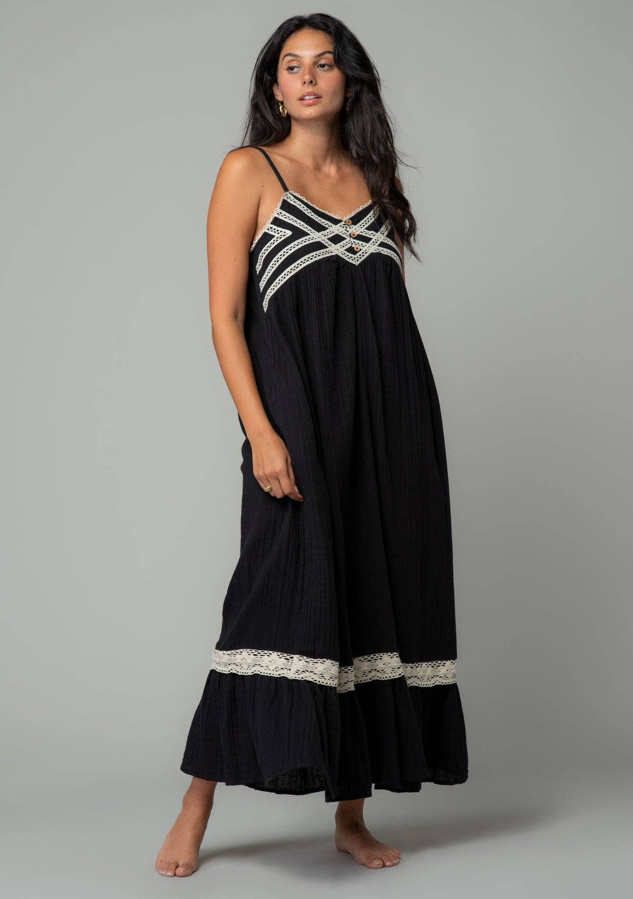 Cotton Sleeveless Crochet Trim Maxi Dress