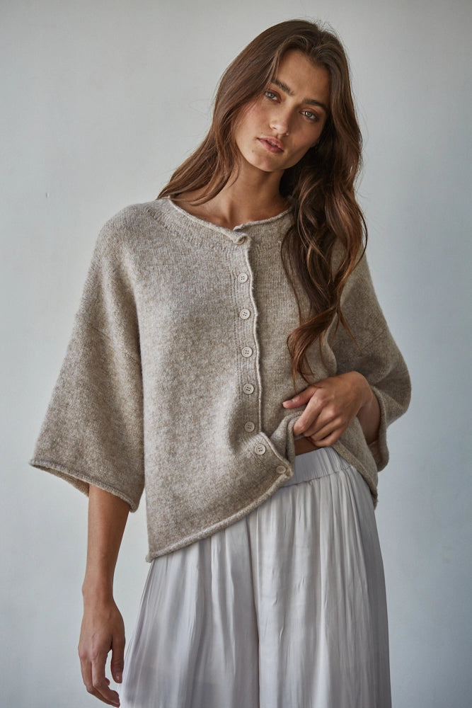 Quarter Sleeve Button Up Knit Sweater