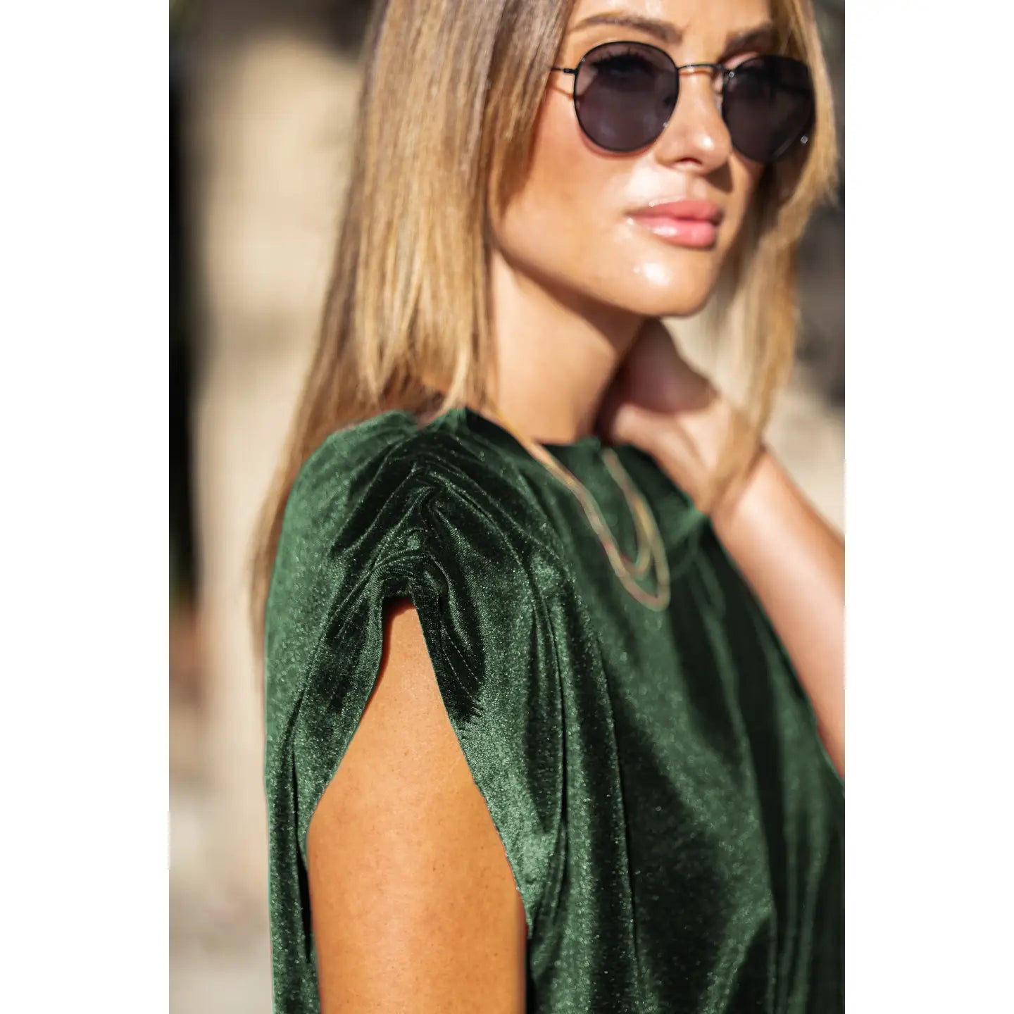 Amaryllis Apparel Velvet Ruched Shoulder Tee