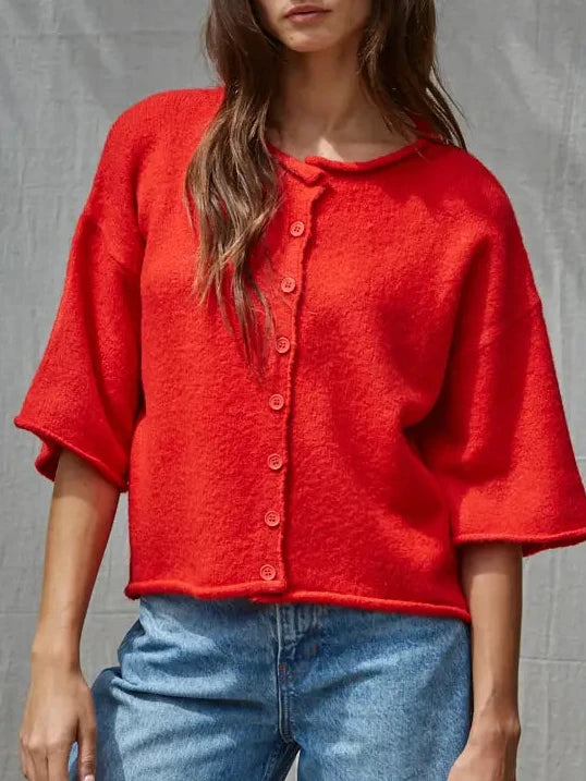 Quarter Sleeve Button Up Knit Sweater