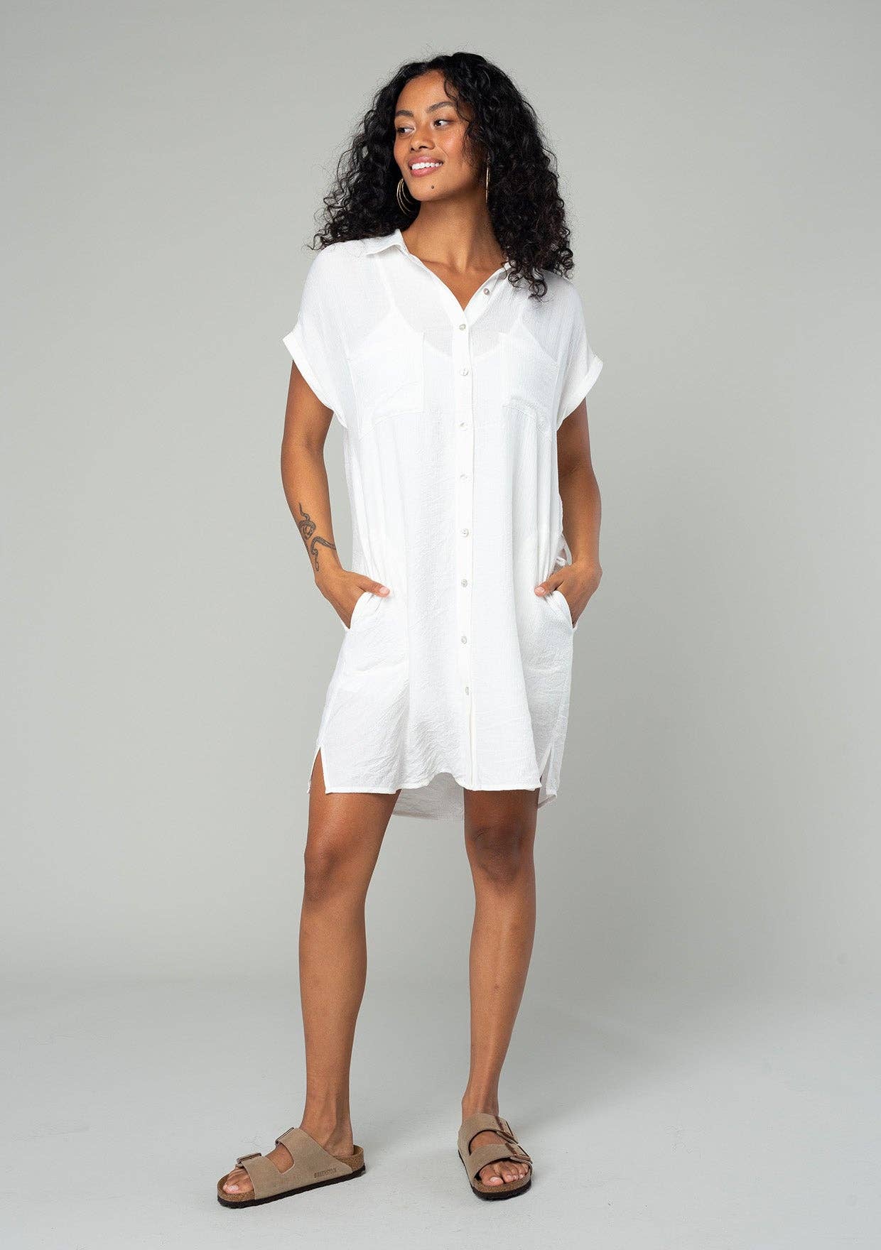 Short Dolman Sleeve Button Down Mini Shirt Dress