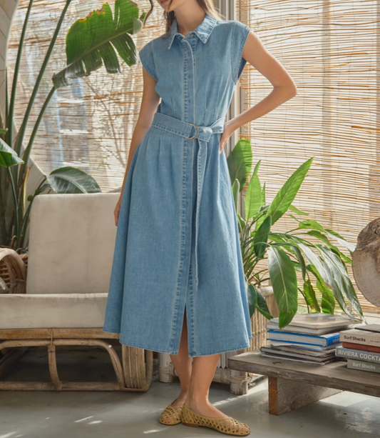 Cap Sleeve Belted Denim Dress
