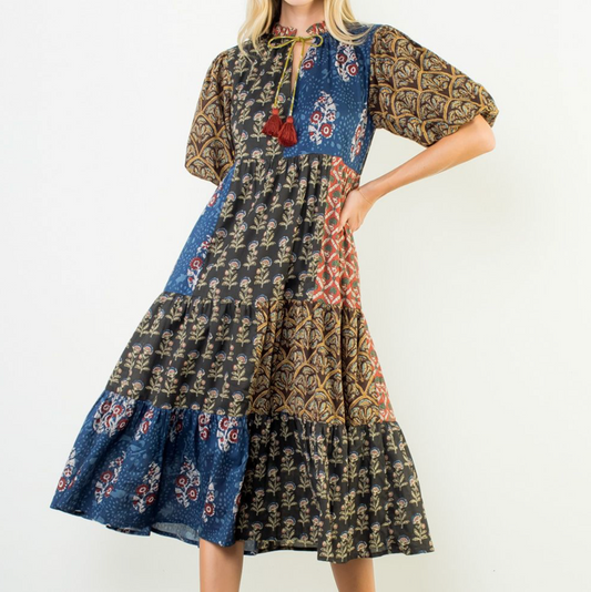 Puff Sleeve mixed floral tiered dress