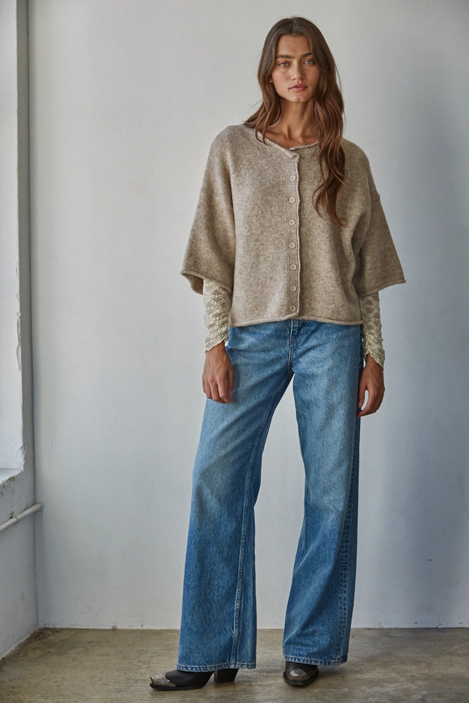 Quarter Sleeve Button Up Knit Sweater