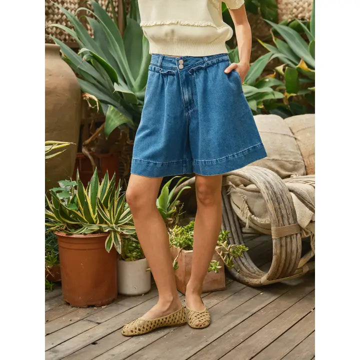 Ruffle Pocket Denim Bermuda Shorts