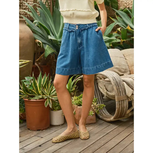 Ruffle Pocket Denim Bermuda Shorts