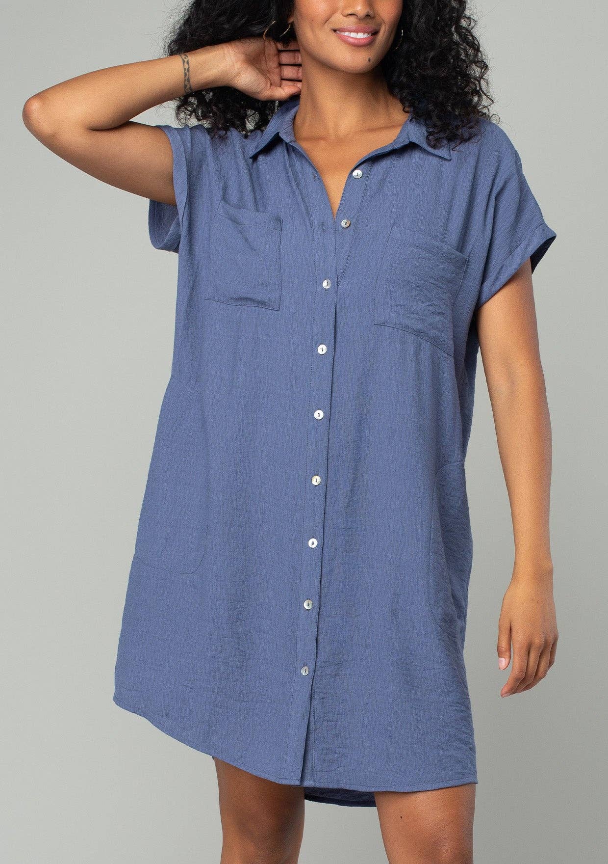 Short Dolman Sleeve Button Down Mini Shirt Dress