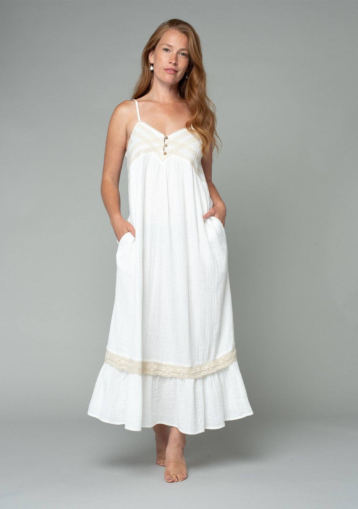 Cotton Sleeveless Crochet Trim Maxi Dress