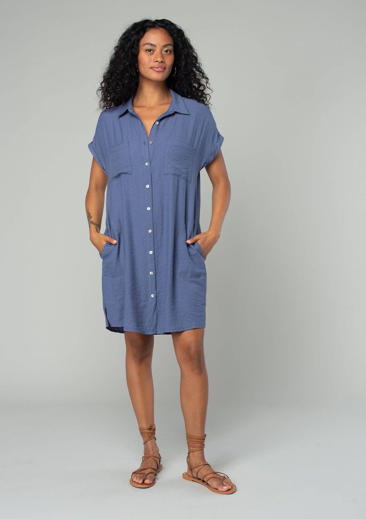 Short Dolman Sleeve Button Down Mini Shirt Dress