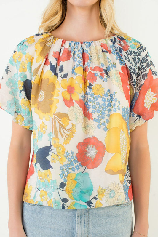 THML Floral Bubble Sleeve Top