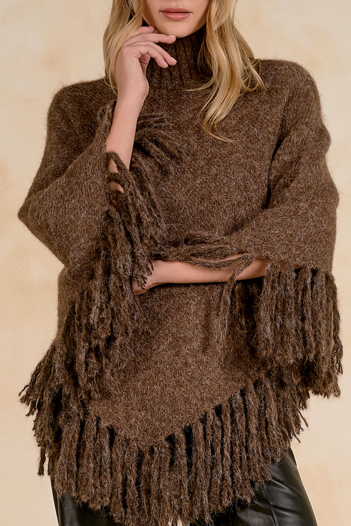 Elan Fringed Turtleneck Poncho